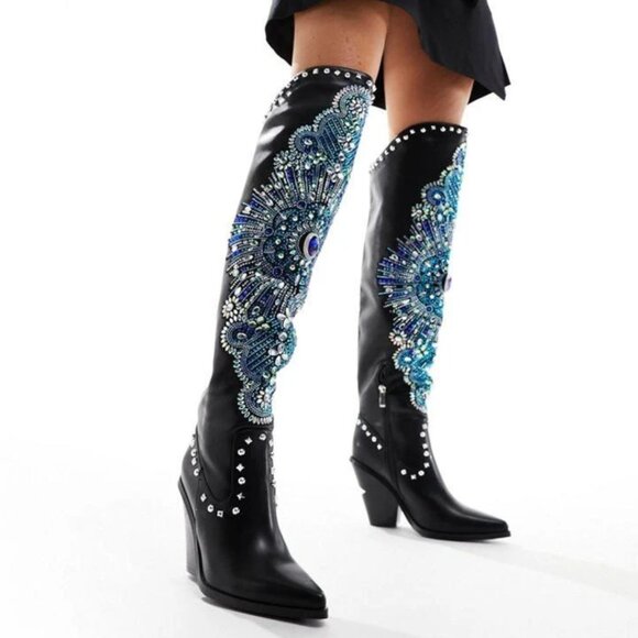 Azalea Wang Shoes - AZALEA WANG Axelbeat Black Jeweled Rhinestone Tall OTK Western Cowboy Boots 7.5